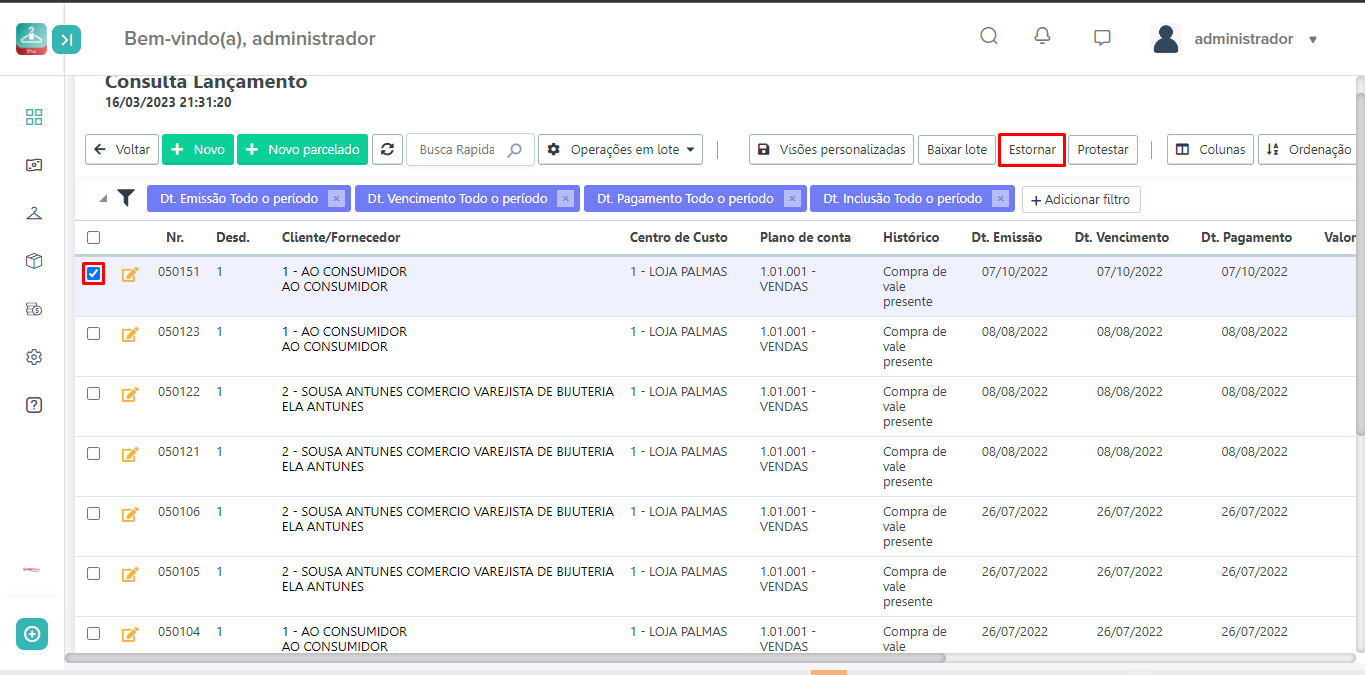 Manual de Instruções SV097 Como realizar estorno em um Lançamento